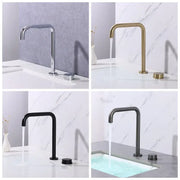 Modern minimalist brushed gold basin faucet with sleek curved spout and matching handles by decorbites brushed gold
