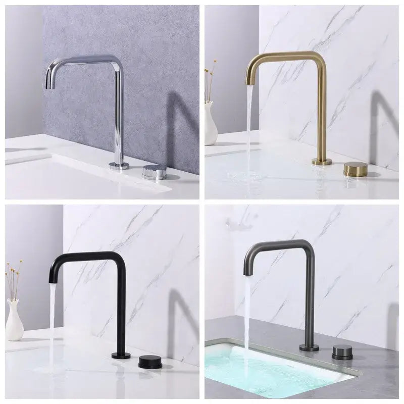 Modern minimalist brushed gold basin faucet with sleek curved spout and matching handles by decorbites brushed gold