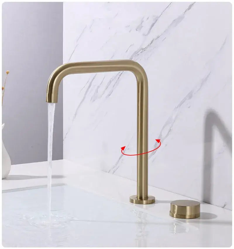 Modern minimalist brushed gold basin faucet with sleek cylindrical handles for bathroom sink decorbites brushed gold design