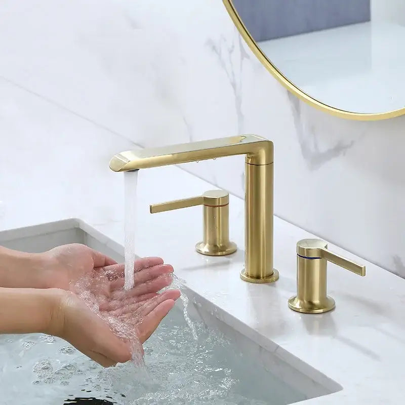 Modern minimalist brushed gold brass basin faucet with sleek two-handle design for bathroom decorbites brushed gold