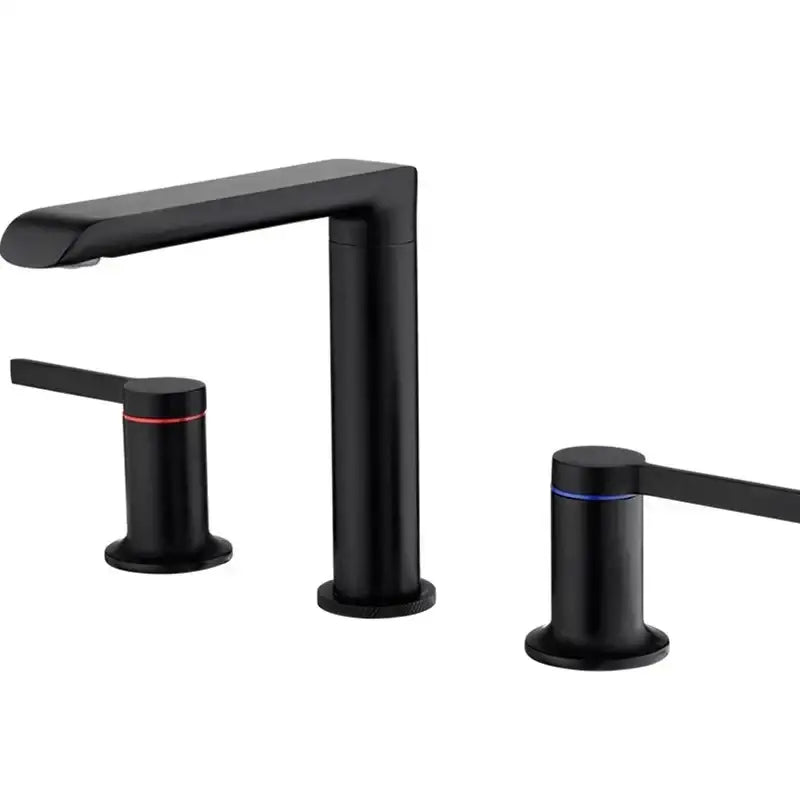 Modern minimalist brushed gold brass basin faucet with black matte rectangular spout and red blue cylindrical handles decorbites brushed gold