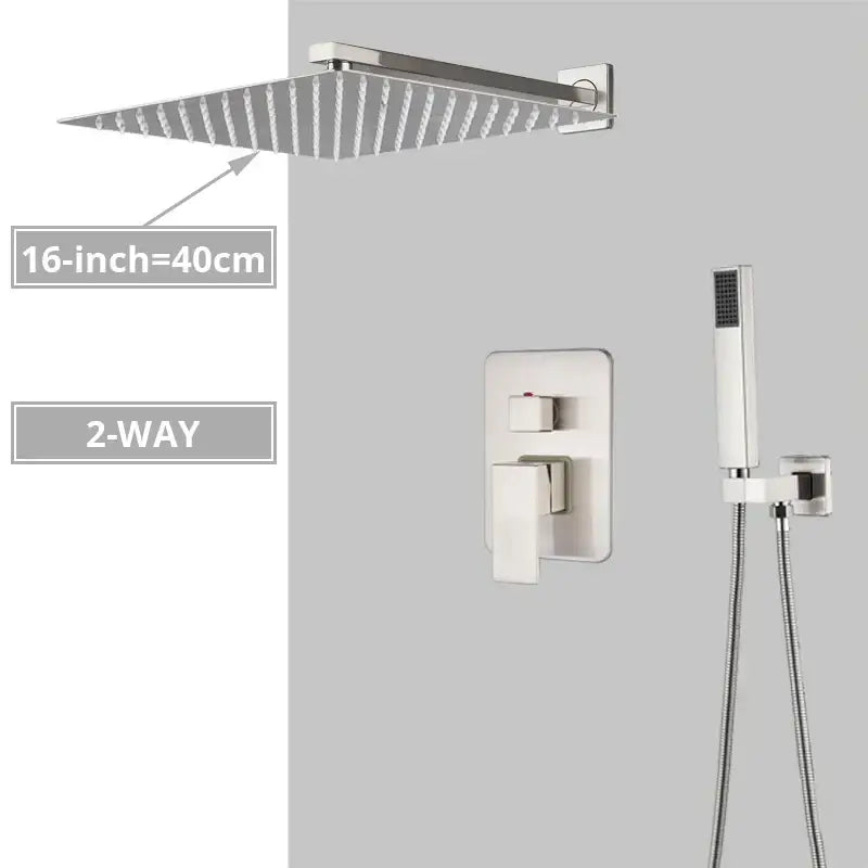 Modern minimalist brushed nickel shower system with 16-inch rain shower head and handheld control valve by decorbites brushed nickel shower