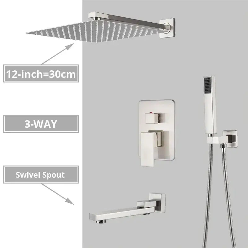 Modern minimalist decorbites brushed nickel shower system with 12-inch rain shower head and handheld shower
