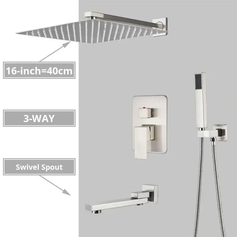 Modern minimalist brushed nickel shower system with 16-inch square rain shower head and matching faucet by decorbites brushed nickel