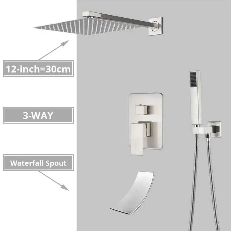Modern minimalist brushed nickel shower system with rain shower head handheld sprayer and waterfall spout decorbites brushed nickel