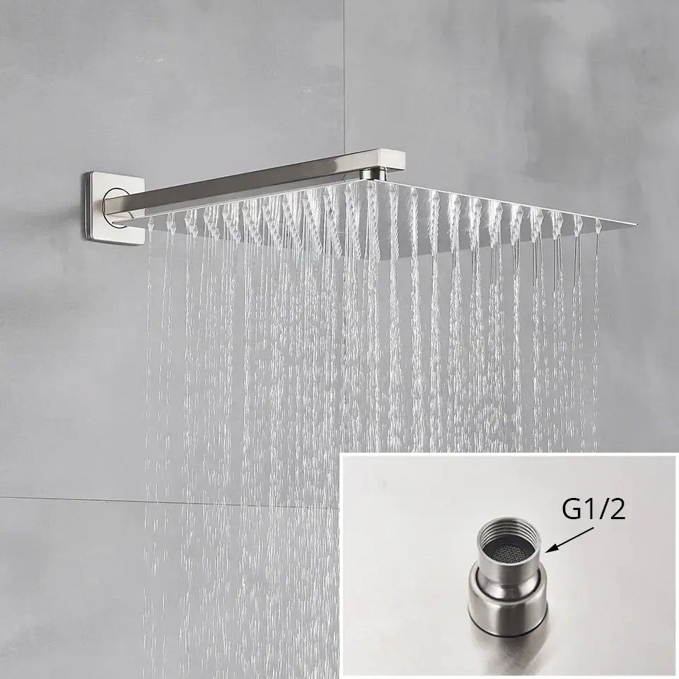 Modern minimalist brushed nickel shower system featuring a stainless steel square rain shower head with multiple streams