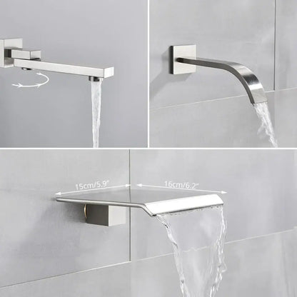 Modern minimalist brushed nickel shower system with decorbites brushed nickel shower faucet and rain shower head waterfall spout