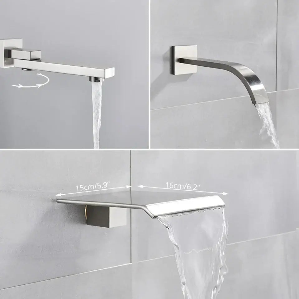 Modern minimalist brushed nickel shower system with decorbites brushed nickel shower faucet and rain shower head waterfall spout