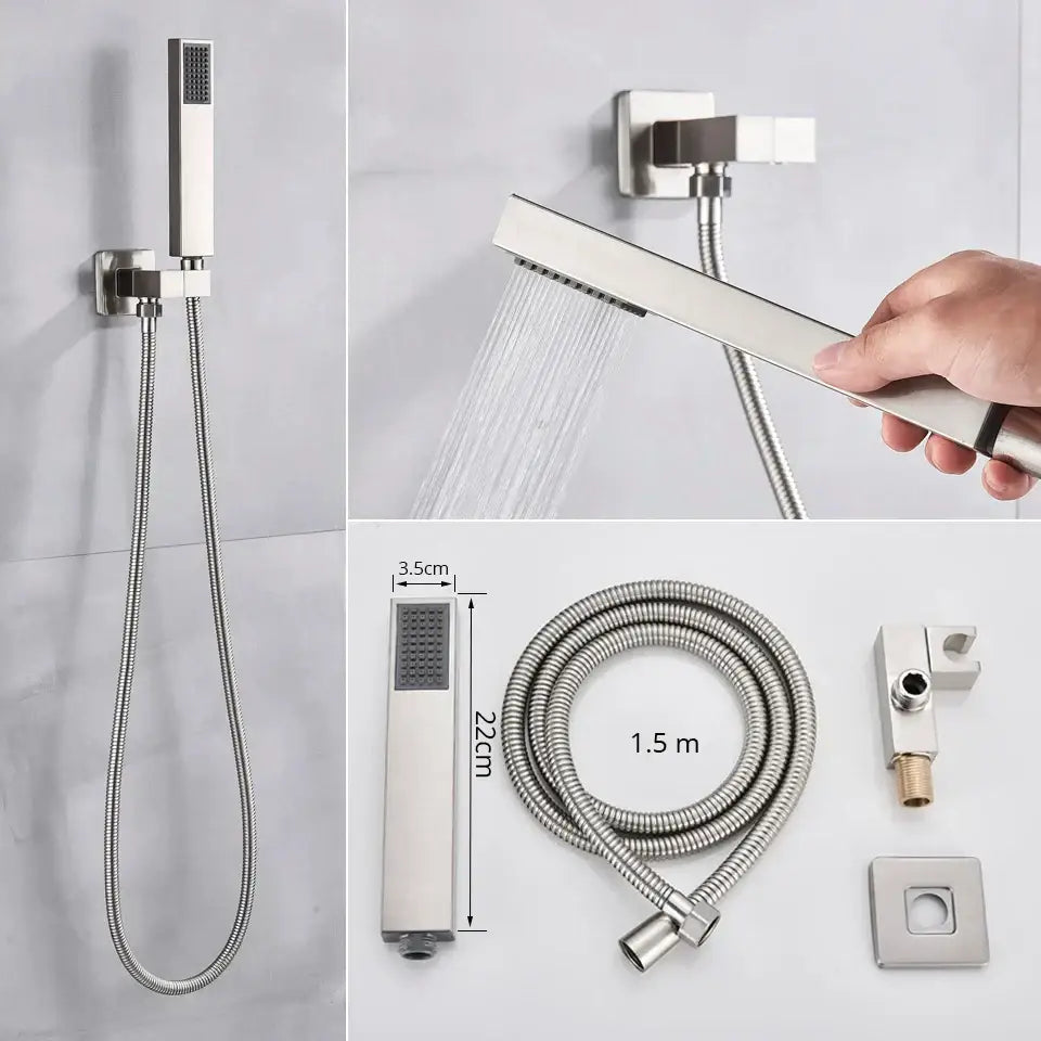 Modern minimalist brushed nickel shower system with rain shower head and sleek handheld nozzle by decorbites brushed nickel