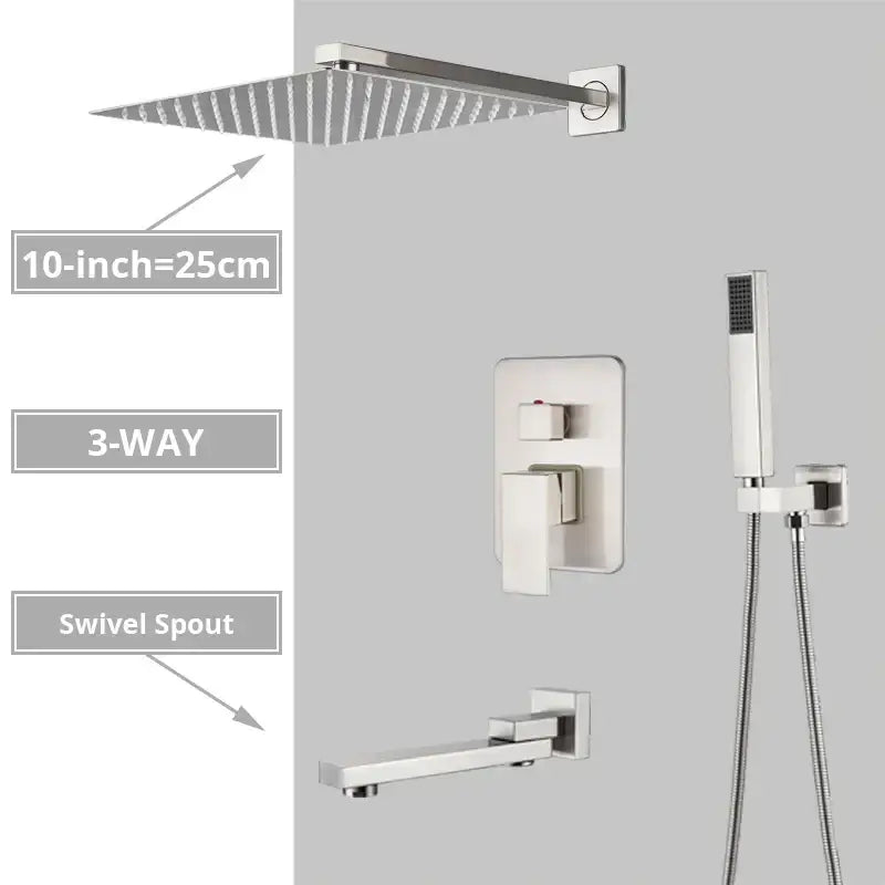 Modern minimalist brushed nickel shower system with rain shower head swivel spout and decorbites brushed nickel finish