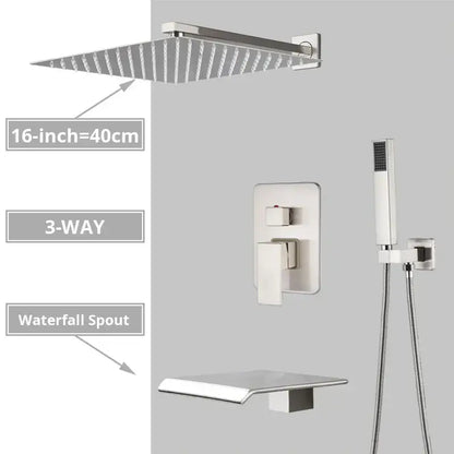 Modern minimalist brushed nickel shower system with rain shower head waterfall spout and handheld shower decorbites brushed nickel bathroom