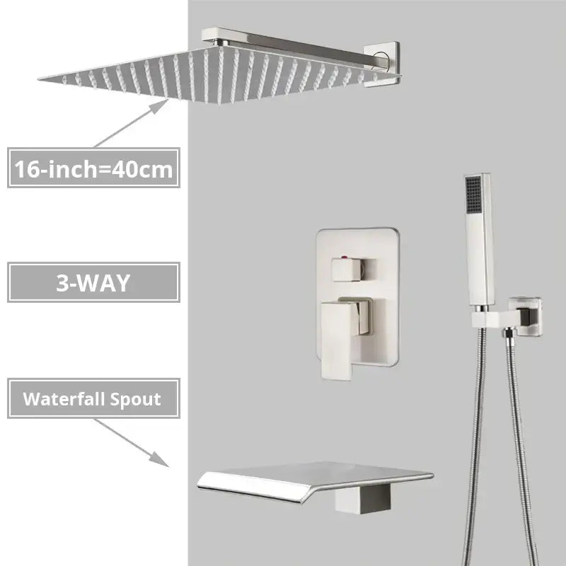 Modern minimalist brushed nickel shower system with rain shower head waterfall spout and handheld shower decorbites brushed nickel bathroom