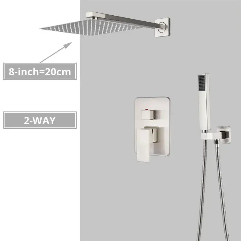 Modern minimalist brushed nickel shower system with decorbites brushed nickel rain shower head and handheld spray nozzle