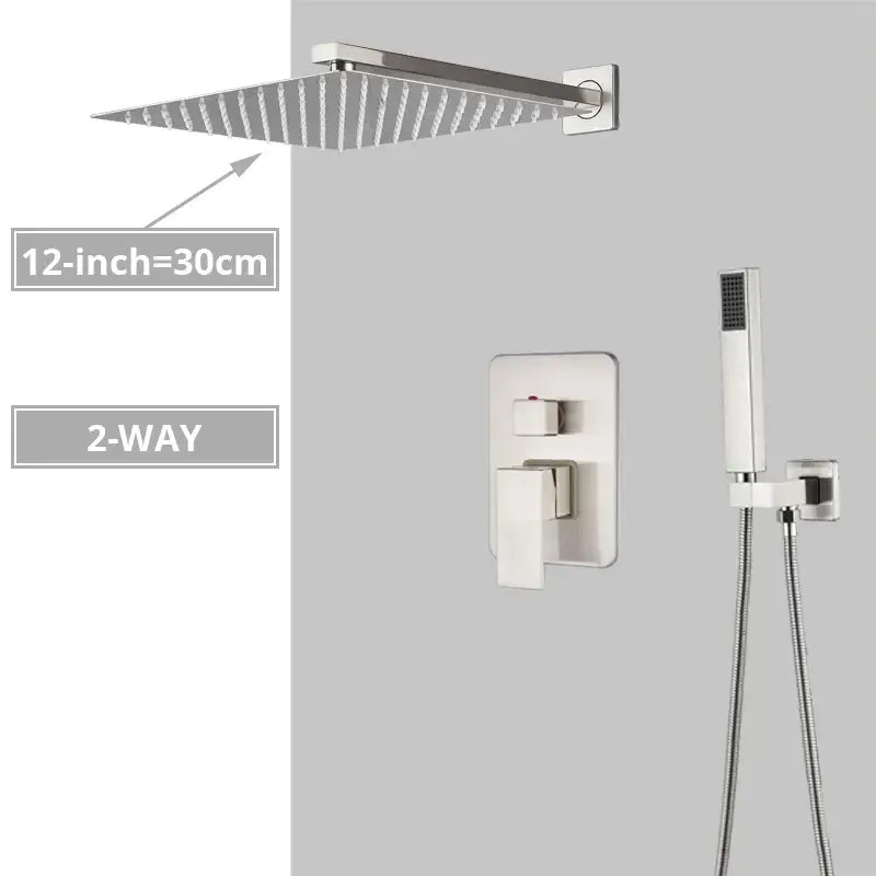 Modern minimalist brushed nickel shower system with rain shower head and integrated hand-held spray nozzle decorbites brushed nickel