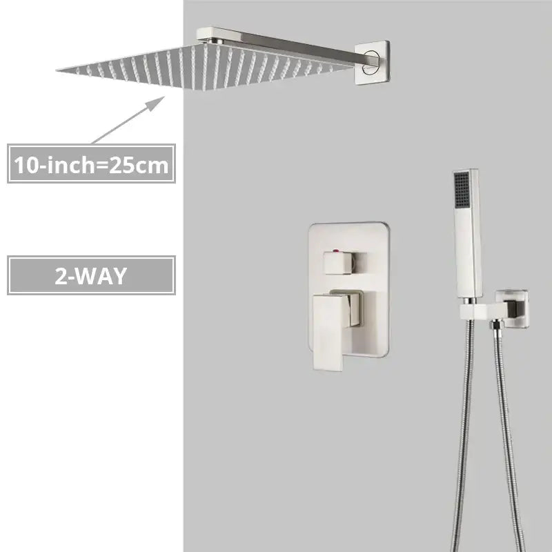 Modern minimalist brushed nickel shower system with rain shower head and integrated handheld spray nozzle by decorbites brushed nickel