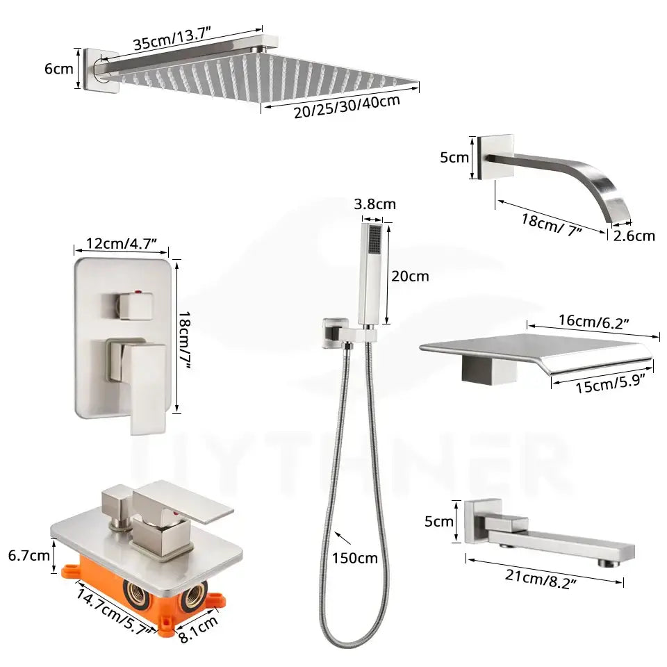 Modern minimalist brushed nickel shower system with a stainless steel square rain shower head and multiple spray nozzles