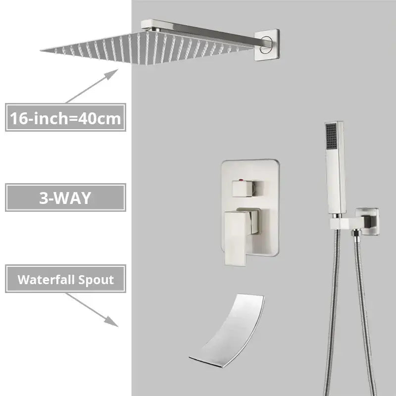 Modern minimalist decorbites brushed nickel shower system with 16-inch rain shower head and waterfall spout handheld shower