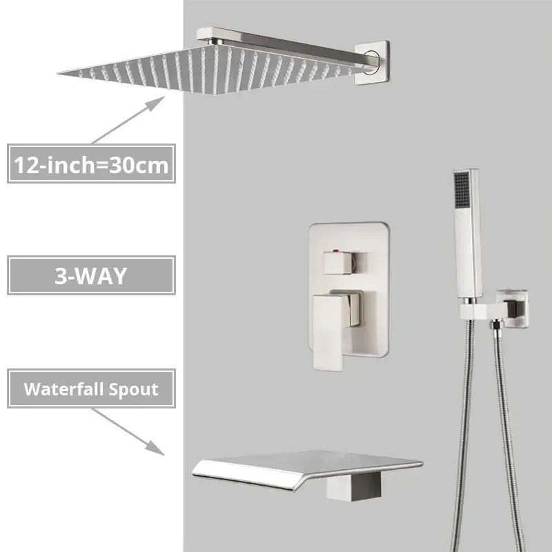Modern minimalist brushed nickel shower system with 12-inch rain shower head waterfall spout and handheld shower decorbites brushed nickel