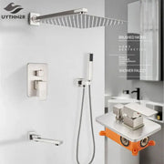 Modern minimalist brushed nickel shower system with rain shower head featuring decorbites brushed nickel finish