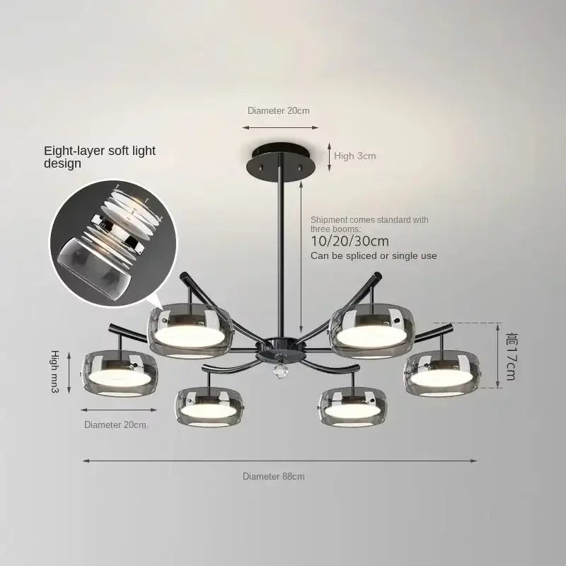 Modern black metal pendant light with eight clear glass globes and crystal accent for decorbites glass dining use