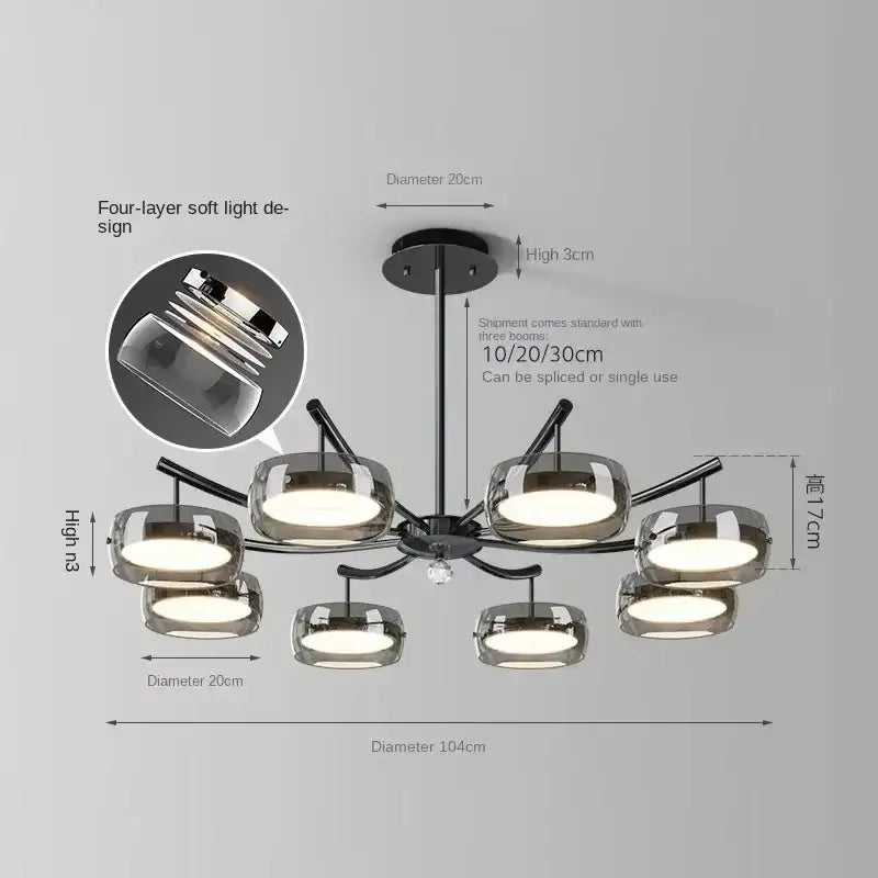 Modern black metal pendant light with eight frosted glass globes and crystal accent for decorbites glass dining use