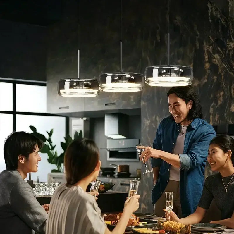 Three modern minimalist chrome and glass dining pendant lights with frosted glass shades for decorbites glass dining