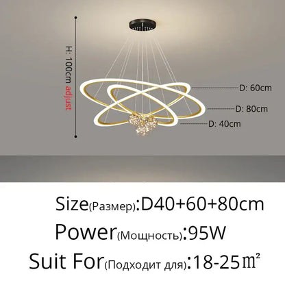 Modern gold-toned led decorbites circle ring pendant chandelier with three interlocking rings and crystal heart for living room
