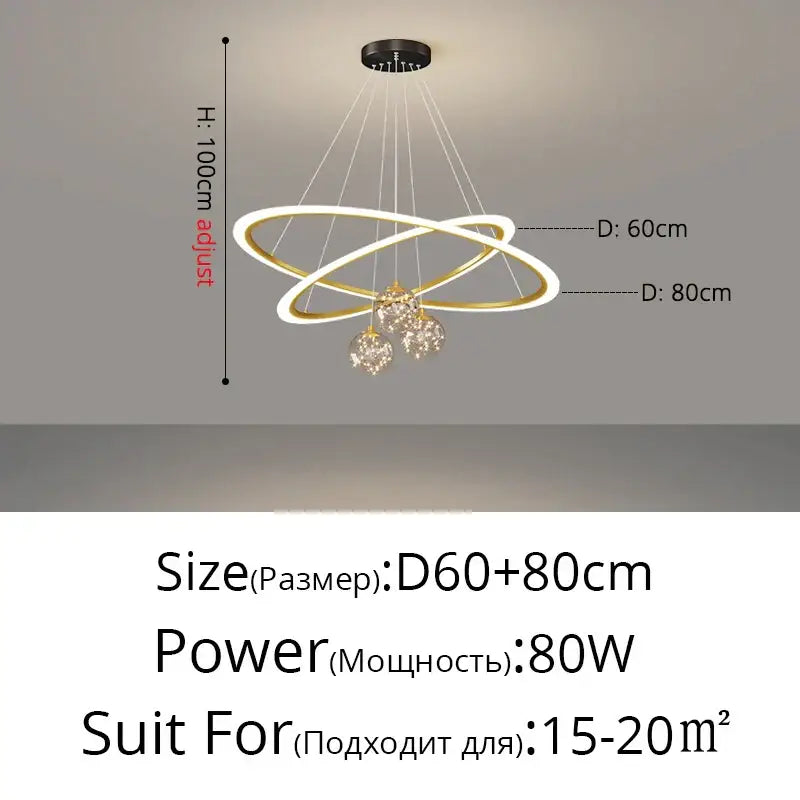 Modern minimalist decorbites circle ring pendant chandelier with gold and white metallic rings and crystal for living room lighting
