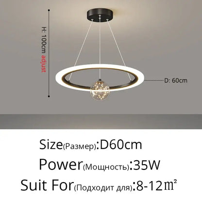 Modern minimalist black and white circle ring pendant chandelier with central glass globe for living room decorbites circle ring
