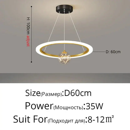 Modern minimalist circle ring pendant chandelier with gold and white ring and illuminated glass globe for living room decorbites circle ring