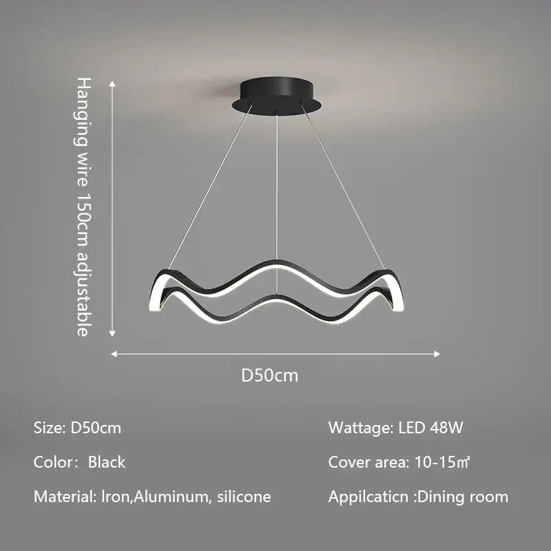 Black wavy pendant chandelier with sleek iron aluminum and silicone design for modern minimalist dining decorbites circle wave led