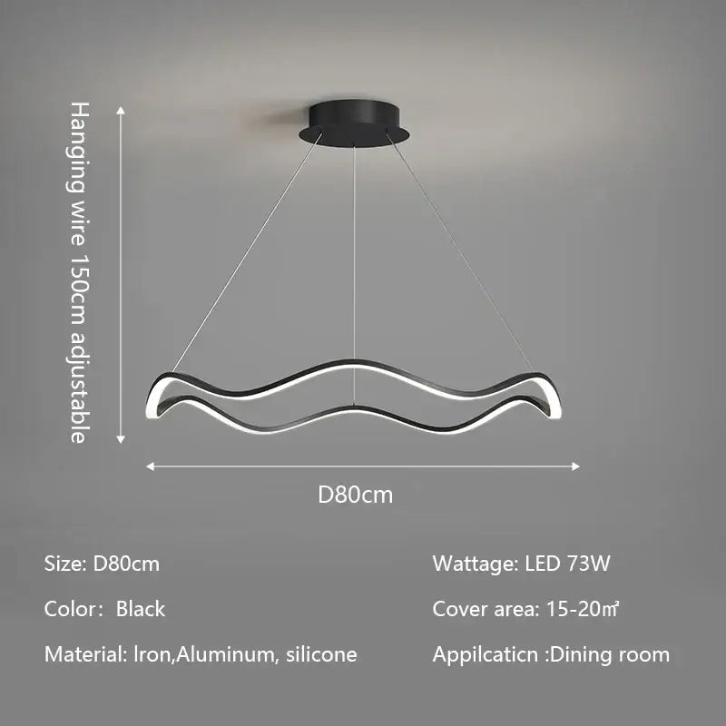 Black circle wave led pendant chandelier with sleek iron aluminum and silicone construction for modern dining decorbites circle wave