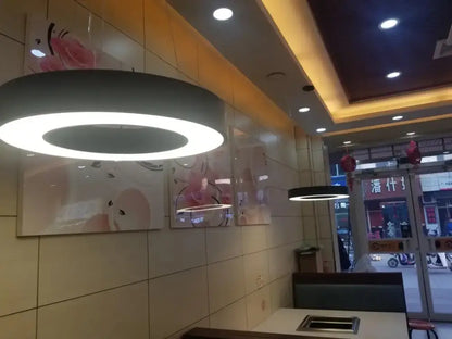 Modern minimalist pendant light featuring a decorbites circular gold ring with sleek white and dark gray accents for dining room