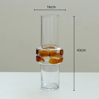 Modern minimalist clear glass vase with amber-colored fused glass bands ideal for living room decorbites clear glass