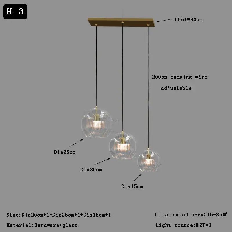 Modern three-tiered pendant light with clear glass ball globes and brass accents for dining room decorbites clear glass