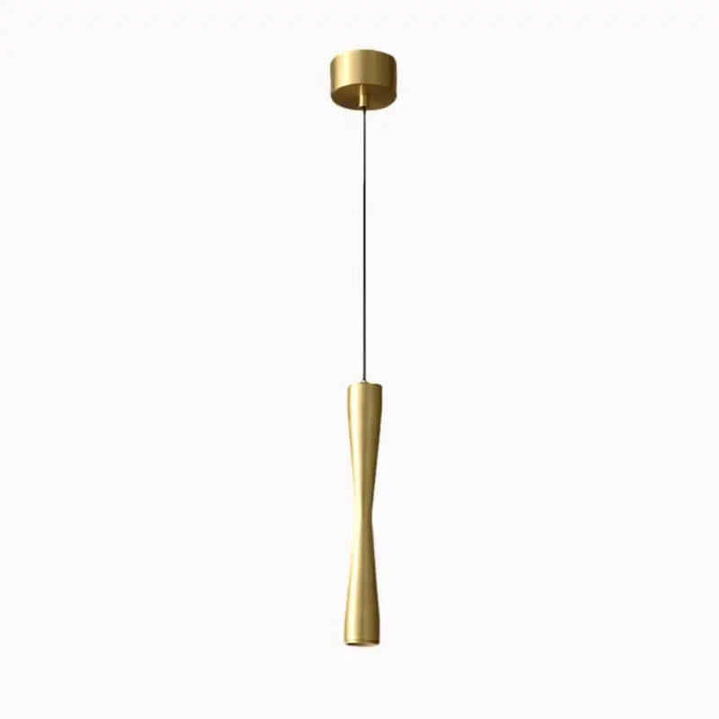 A sleek gold pendant light with a modern twisted design and minimalist cylindrical top for dining room decorbites copper black gold