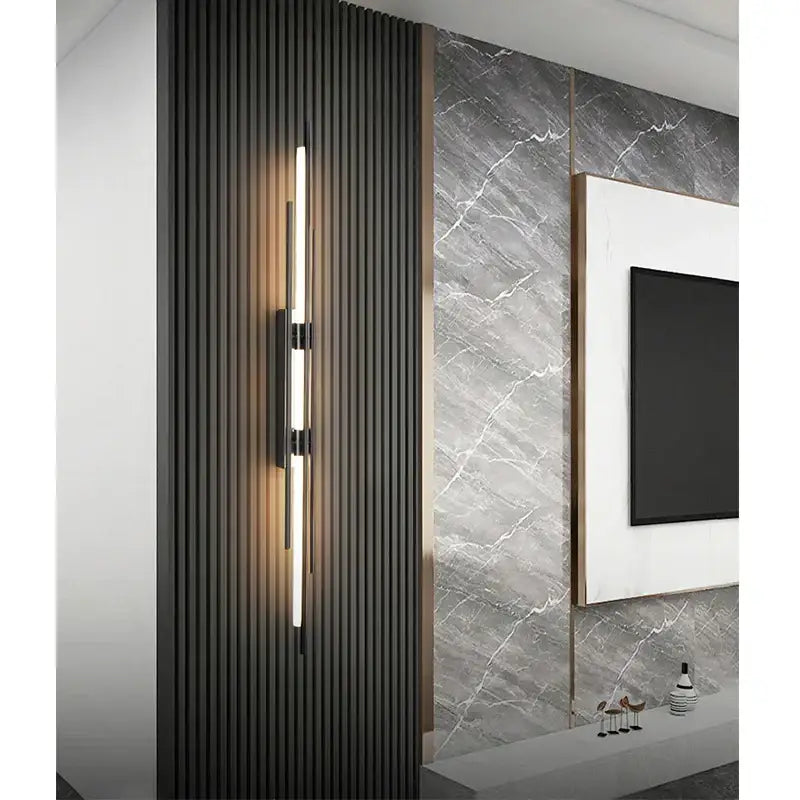 Modern black copper wall lamp with two illuminated led strips featuring slender rods for minimalist bedroom decorbites decor