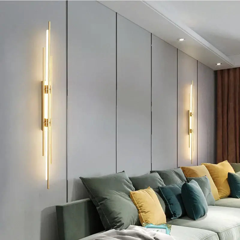 Gold-toned modern minimalist copper wall lamp with slender rods featured as a stylish decorbites copper wall lamp