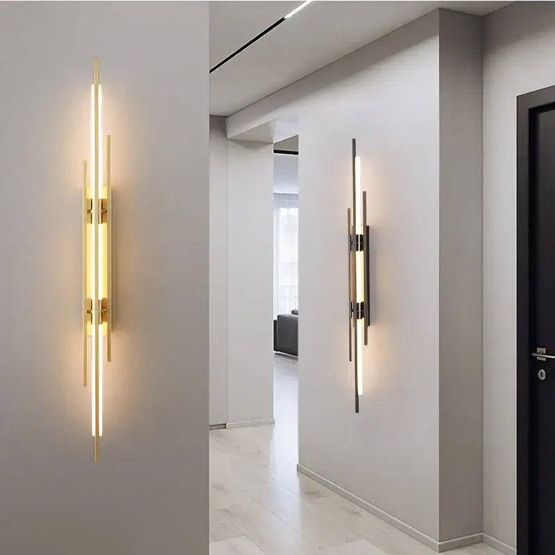 Gold-toned modern minimalist copper wall lamp with vertical led strips and slender rods for bedroom decorbites wall lamp