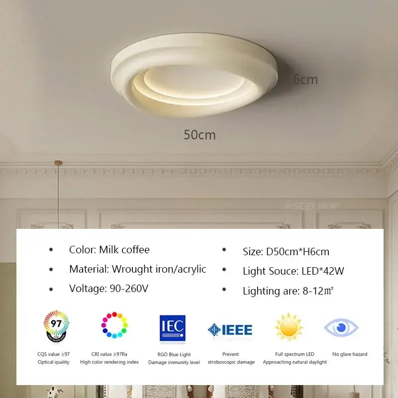 Modern minimalist milk coffee cream led ceiling light with layered frosted acrylic and wrought iron for bedroom decorbites cream led