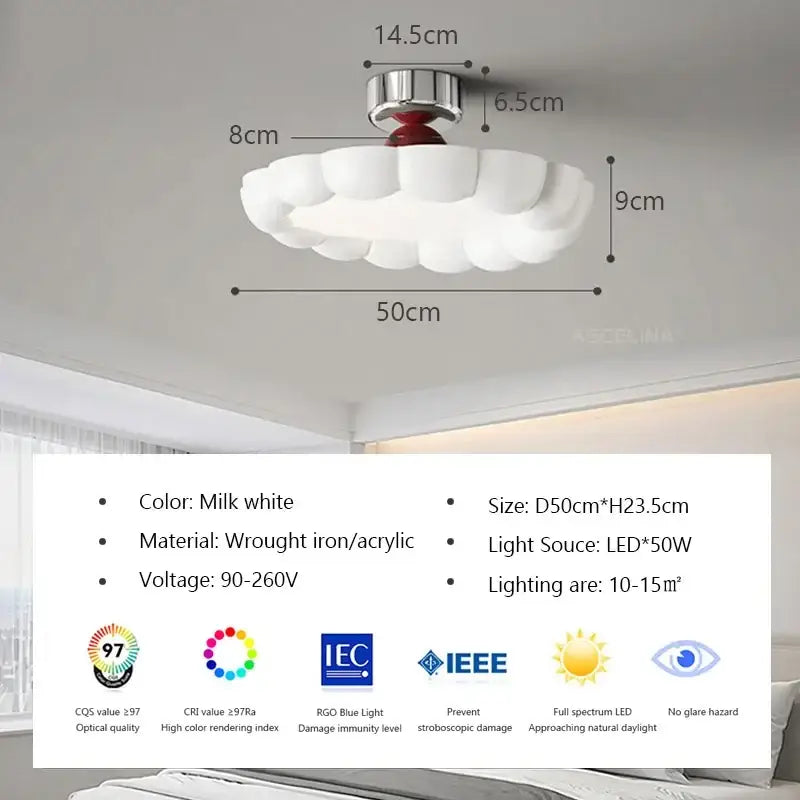 Milk white cream led ceiling light shaped like a cloud made of wrought iron and acrylic for bedroom decorbites decor