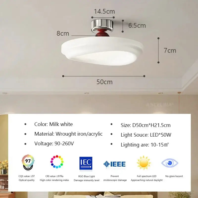 Milk white circular ceiling light with sleek wrought iron and acrylic design featuring led light for bedroom decorbites cream led
