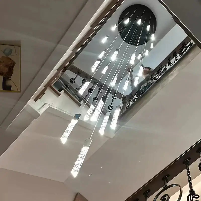 Modern minimalist crystal chrome led chandelier with clear rectangular pendants and black circular ceiling mount for stairwell decorbites crystal chrome