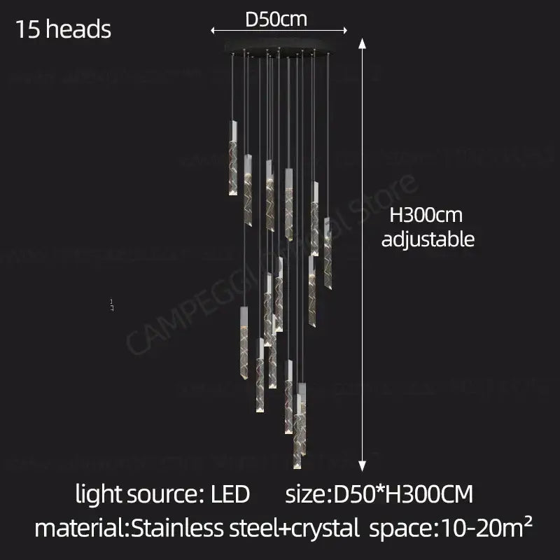 Modern minimalist crystal chrome led chandelier with 15 slender crystal-encased lights and black stainless steel canopy
