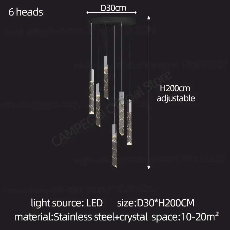 Modern minimalist six-head decorbites crystal chrome led chandelier with adjustable height for contemporary stairwell decor