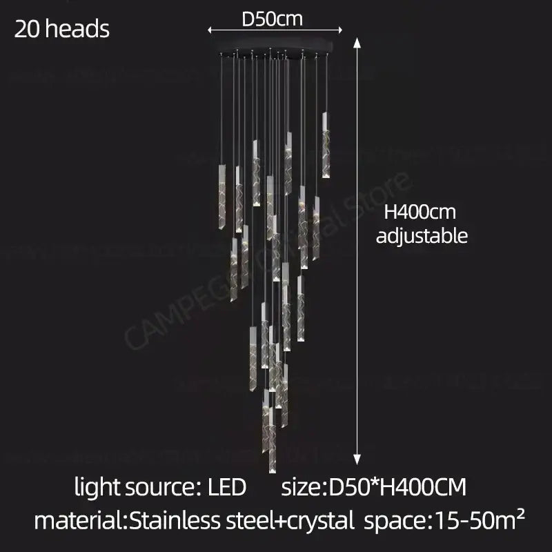 Modern minimalist crystal chrome led chandelier stairwell pendant light with 20 crystal-encased led heads on chrome led frame