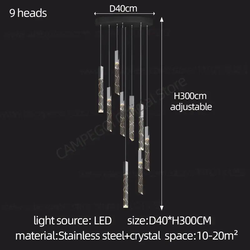 Modern minimalist crystal chrome led chandelier with nine slender stainless steel and crystal light heads for stairwell decorbites chrome led chandelier