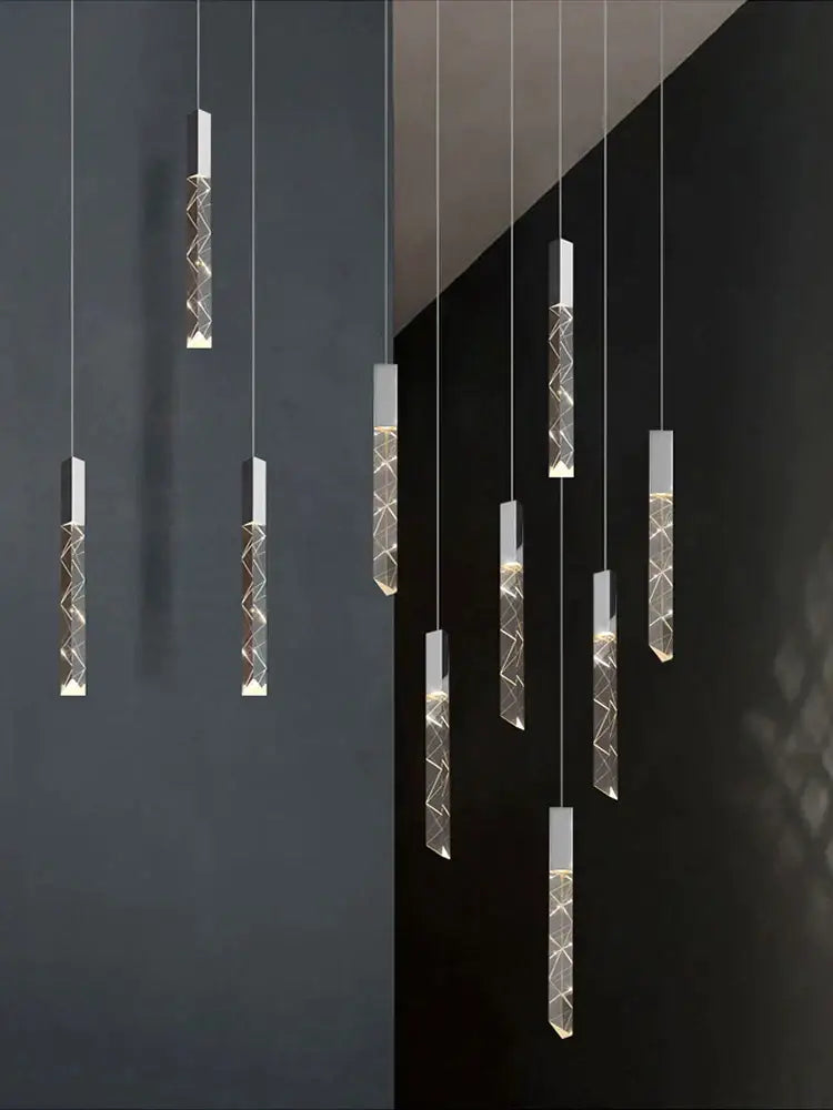 Modern minimalist crystal chrome led chandelier stairwell pendant light with transparent acrylic and gold-toned wiring decorbites crystal chrome chrome led chandelier
