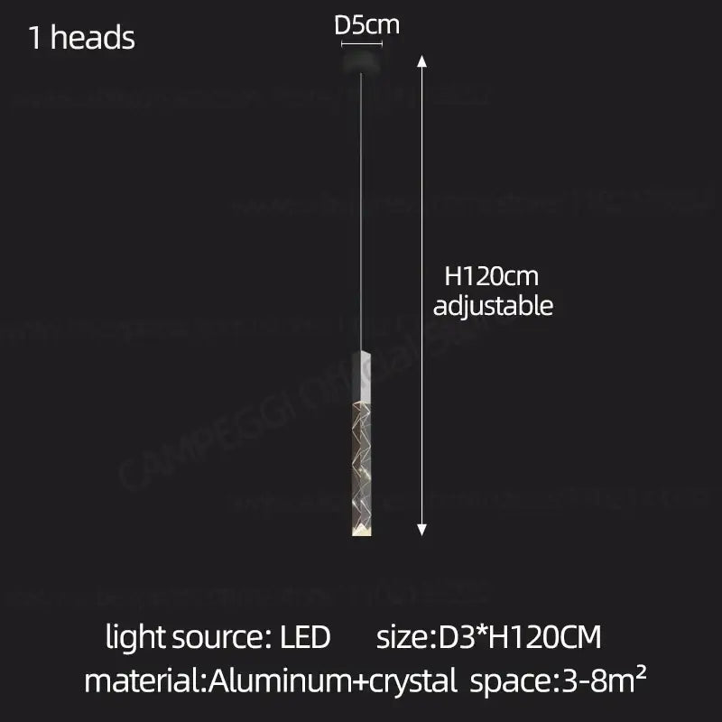 A sleek modern minimalist crystal chrome led chandelier pendant light with cylindrical aluminum and crystal design