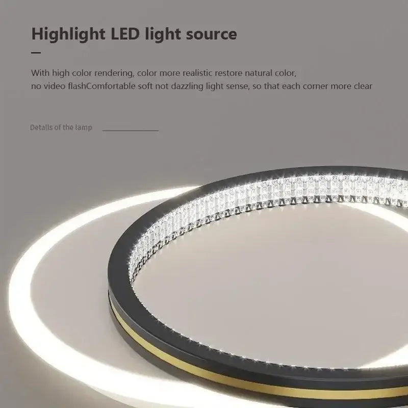 Modern minimalist crystal led ceiling lights with a sleek black and gold frame and sparkling crystal accents